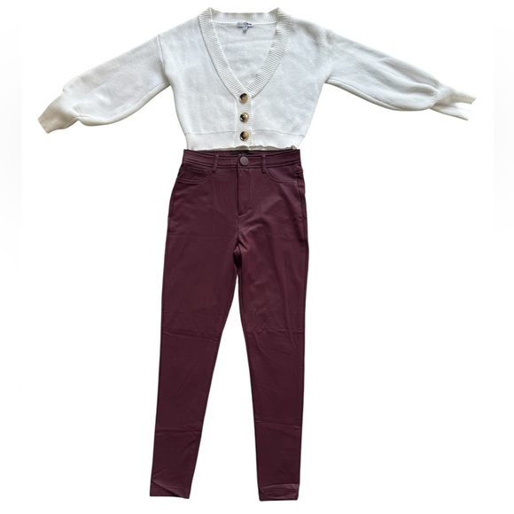 Back 2 School Set White Cardigan and Leather Burgundy Pants Sz XS - Picture 1 of 10